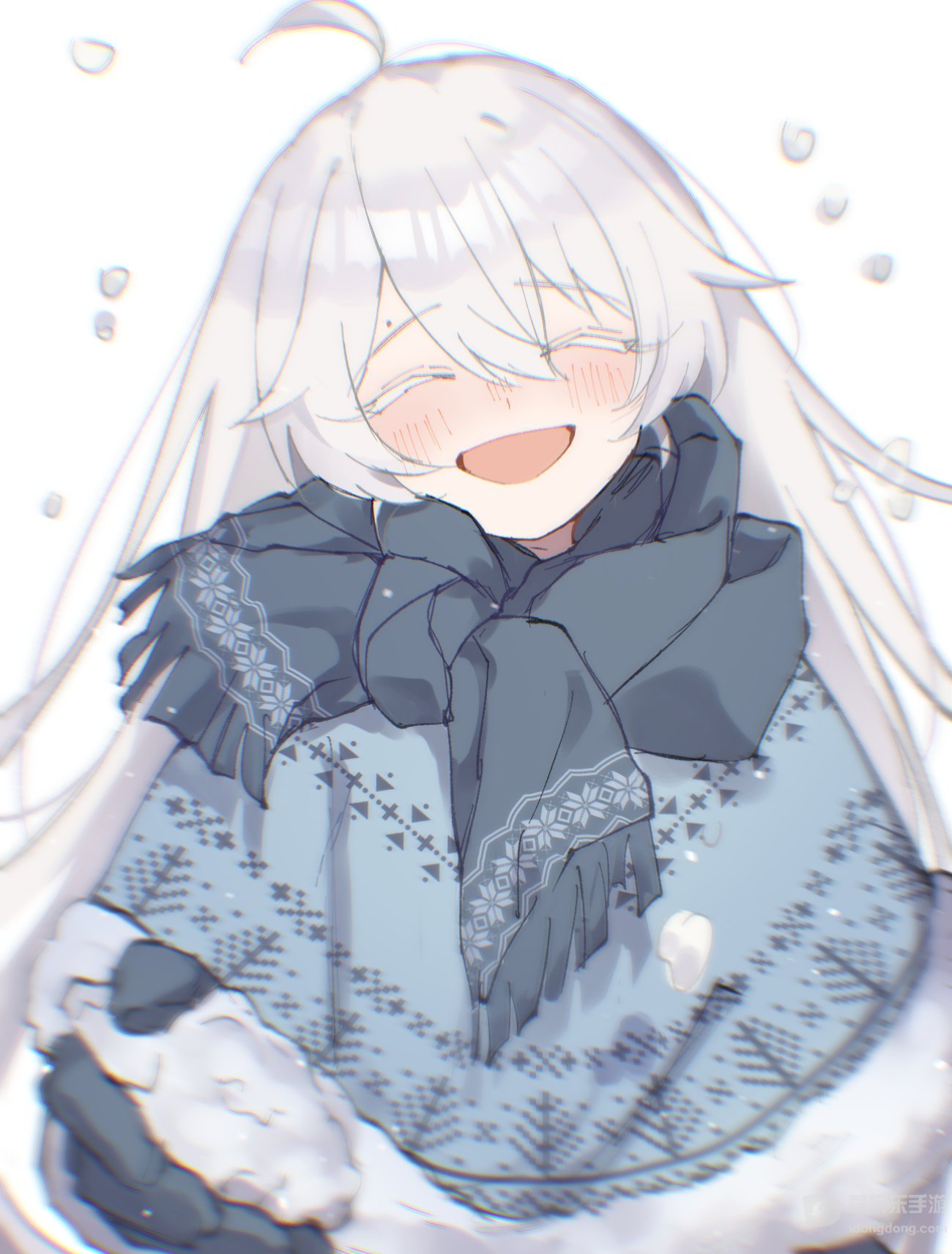 灰发女孩在雪中拿着雪球的插画原图