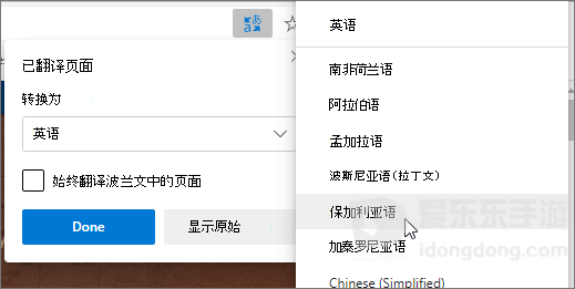 Microsoft Edge浏览器网页翻译窗口，展示目标语言选择菜单及简体中文选项