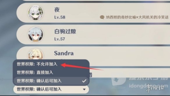 原神多人游戏界面的世界权限菜单，展示不同的世界加入权限选项