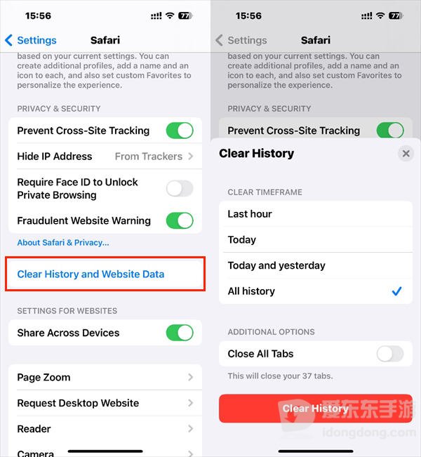 iPhone Safari相关设置页面，展示浏览数据管理选项