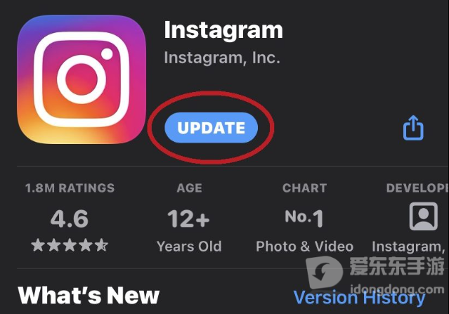 Instagram应用商店页面中的更新按钮及应用更新入口