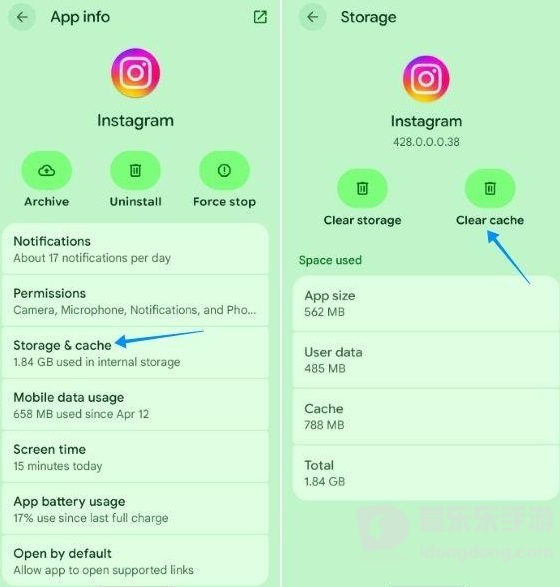 手机系统设置中的Instagram应用管理与存储清理入口