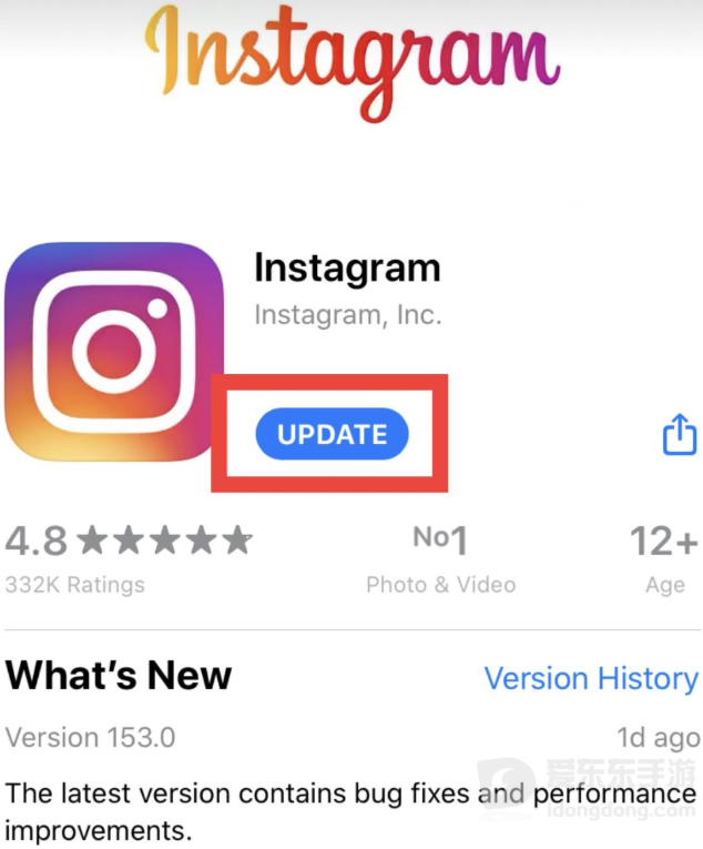 手机应用商店中的Instagram应用更新入口