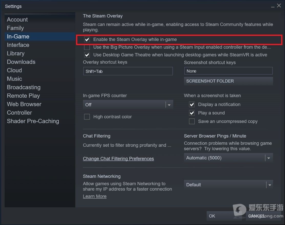 Steam游戏中设置界面示例，红框标出启用Steam游戏内覆盖层的复选框