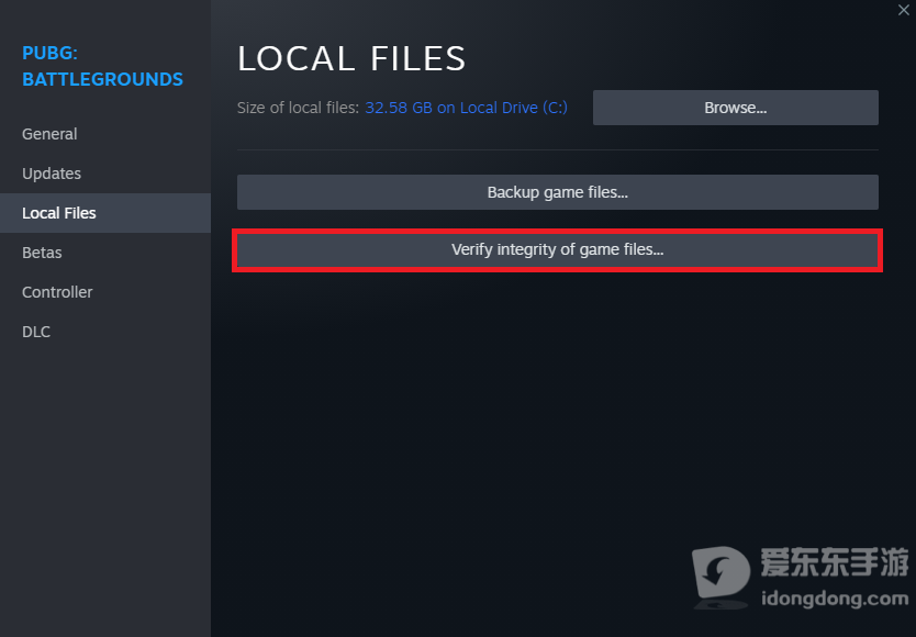 PUBG官方支持文档中的Steam本地文件页面，红框标出验证游戏文件完整性按钮