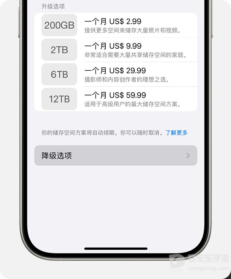 Apple官方iCloud储存空间降级选项页面，展示可选择的方案及降级入口