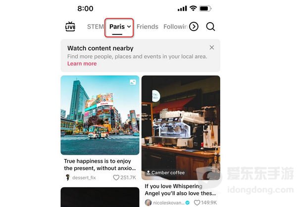 TikTok Nearby本地信息流顶部的地区选择入口及当地内容示例