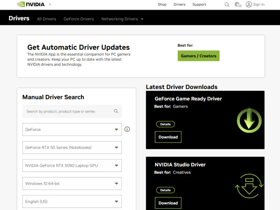 NVIDIA驱动下载页面示例，展示手动搜索显卡型号和选择驱动的区域