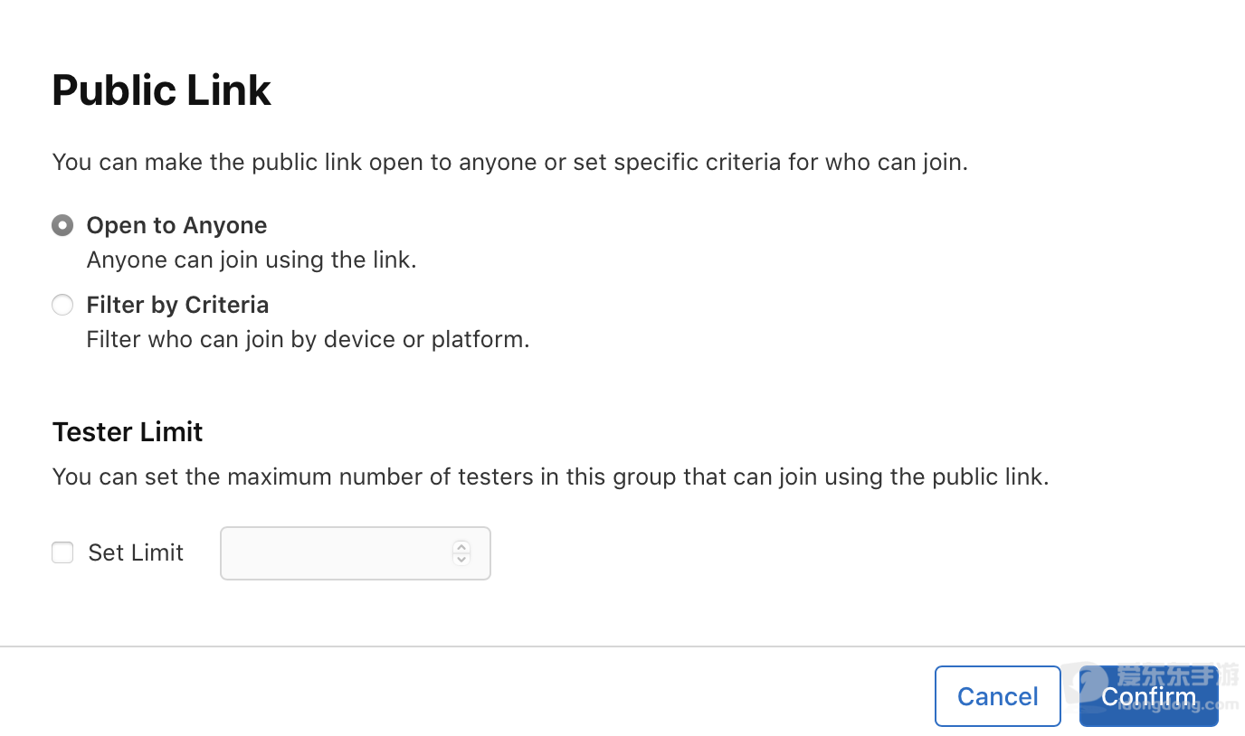 苹果App Store Connect中配置TestFlight公开邀请链接的设置界面