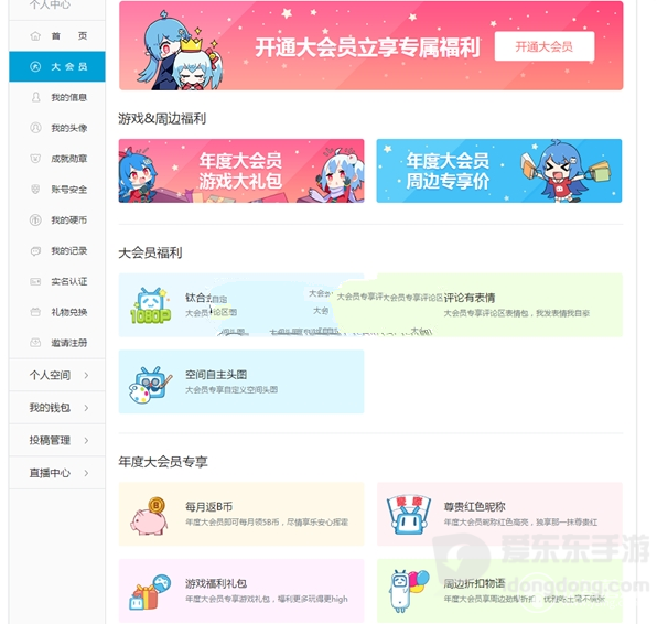 B站大会员权益中心页面，展示会员福利和专属权益栏目