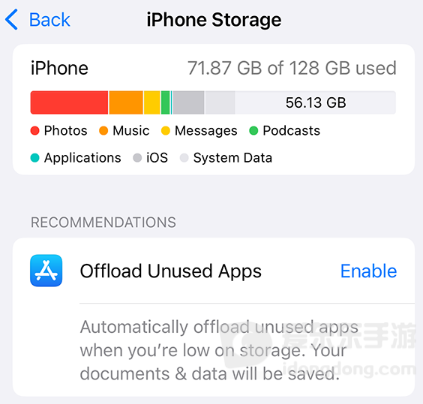 iPhone储存空间管理页面，查看设备剩余容量和应用占用情况
