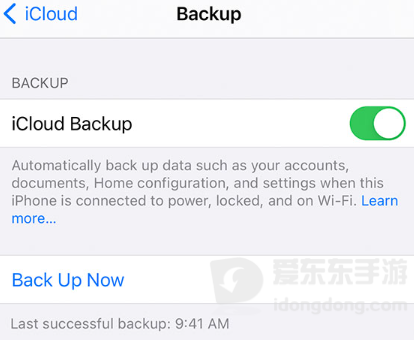 iPhone设置中的iCloud云备份页面，开启备份并立即备份手机数据